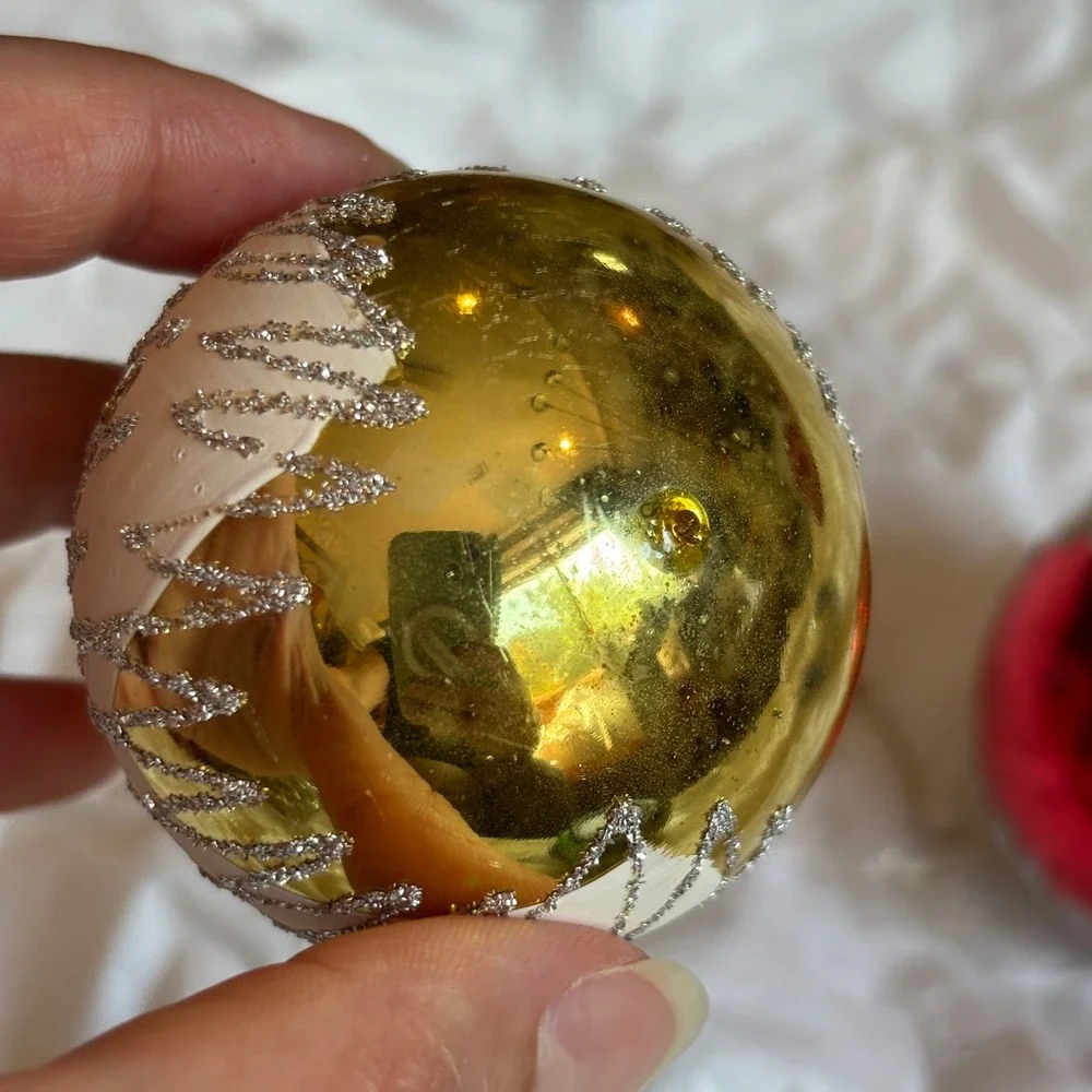 Vintage Multicolor Glass Ball Ornaments Silver Gold Glitter Zigzag Pattern 4pc